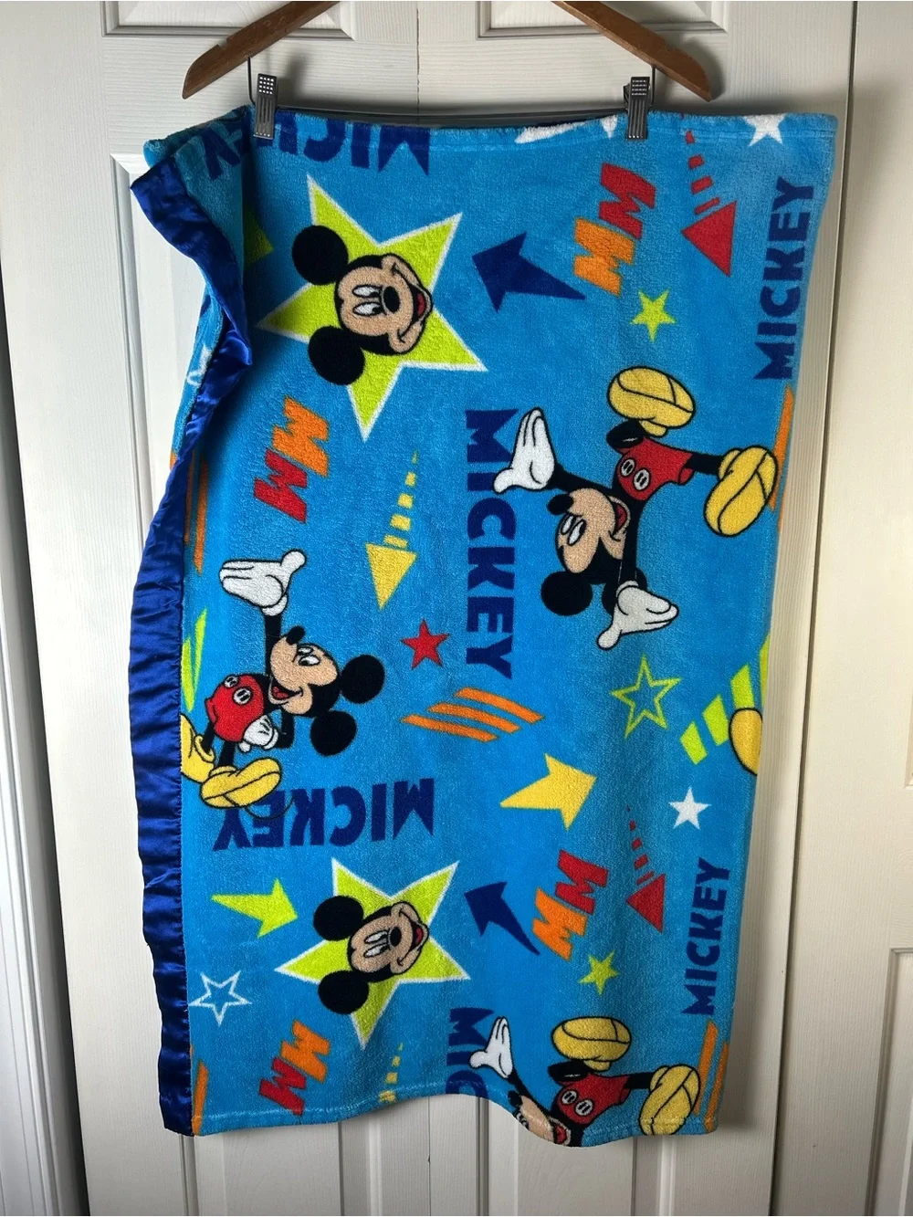 Disney Mickey Mouse Stars Blue Blanket Throw Silky Satin Edge Trim Arrows Orange
